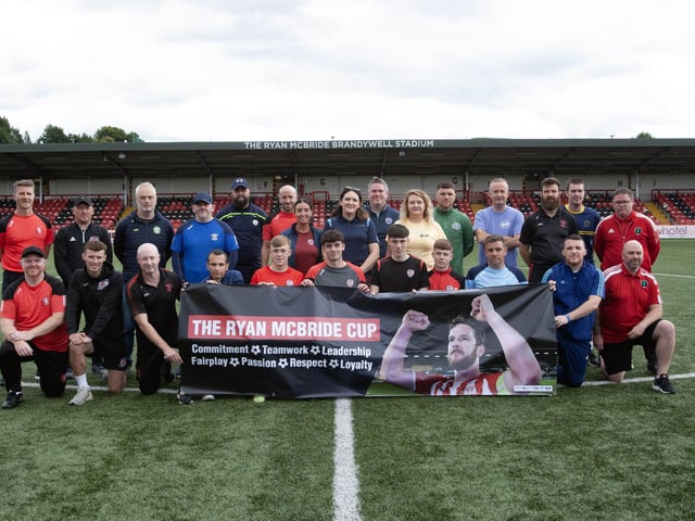 Organisers, Feile officials, coaches and referees pictured at the Ryan McBride Brandywell Stadium on Wednesday for the youth tournament held in honour of the late Derry City captain. The event is part of Feile 23. (Photos: Jim McCafferty Photography)