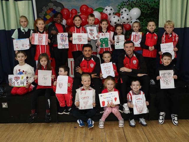 DCFC pre-Cup final visit to Longtower PS Patrick McClean and Tyler Smith.  (Photo - Tom Heaney, nwpresspics)
