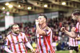 Derry City striker Danny Mullen celebrates his 10th goal of the season in the quarter-final tie against Shelbourne at Brandywell. Photograph by George Sweeney.