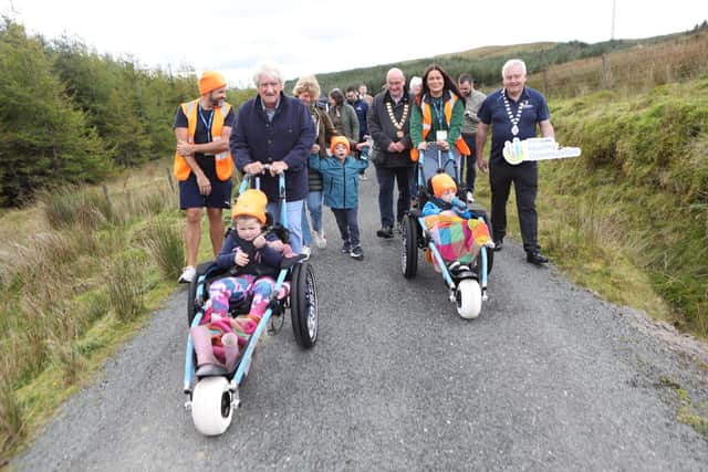 Cathaoirleach of Donegal County Council Councillor Martin Harley pictured with distinguished guests walking the Tip O'Neill Trail led by iCARE children with Tommy O'Neill (son of Tip O'Neill) and Niamh Clerkin iCARE Children's Co-Ordinator at Drumfries, Inishowen on Saturday, September 16 2023.