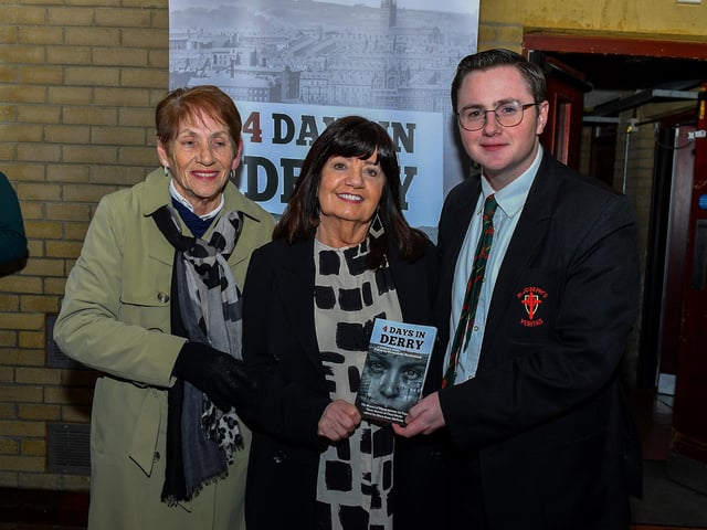 Bridget Nash-Curran,  Derry playwright Bernadette MacFarland and Evan Curran at the launch of 4 Days in Derry, held in Pilot’s Row Centre. Photo: George Sweeney