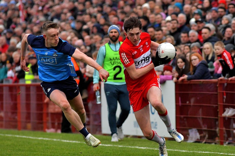 March 2023: Standing room only in Celtic Park as Paul Cassidy evades a challenge from Tom Lahiff of Dublin during a dramatic  Allianz Football League game. Photo: George Sweeney