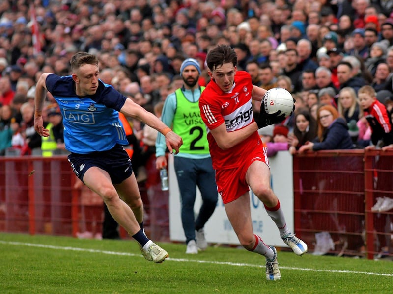 March 2023: Standing room only in Celtic Park as Paul Cassidy evades a challenge from Tom Lahiff of Dublin during a dramatic  Allianz Football League game. Photo: George Sweeney