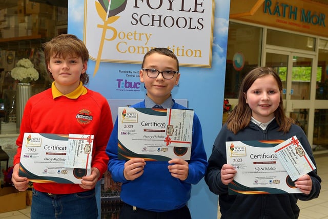 Joint Third Place in the KS2 My Dream category in the inaugural Foyle Schools Poetry Competition were Harry McClintock, Ballougry PS, Henry Hutcheon, Nazareth House PS and Lily Ni hAoláin, Bunscoil Cholmcille. Photo: George Sweeney.  DER2313GS – 36