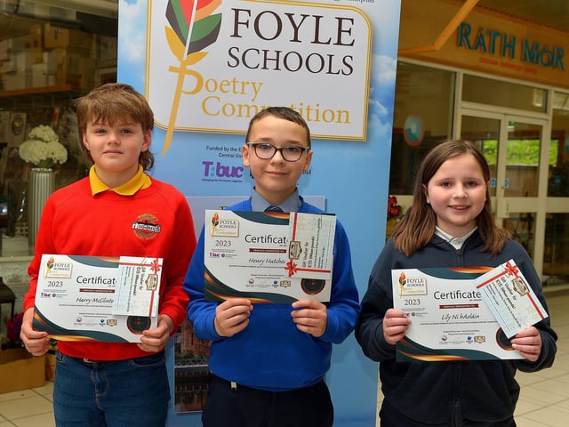 Joint Third Place in the KS2 My Dream category in the inaugural Foyle Schools Poetry Competition were Harry McClintock, Ballougry PS, Henry Hutcheon, Nazareth House PS and Lily Ni hAoláin, Bunscoil Cholmcille. Photo: George Sweeney.  DER2313GS – 36