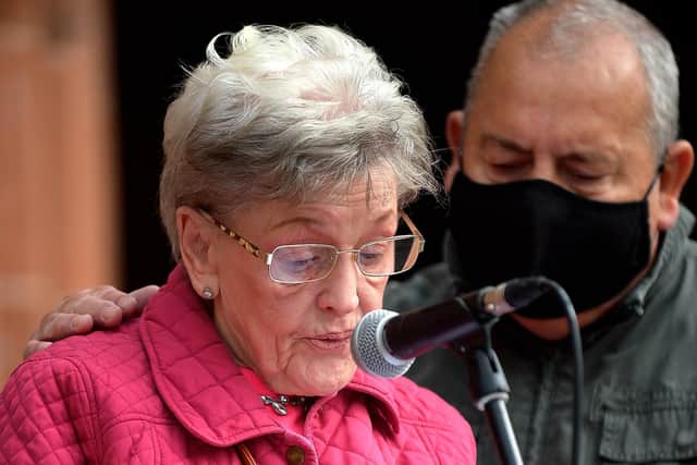 Marie Newton, whose husband John Toland was killed by the UDA in 1976, speaking at a Truth and Justice rally at Guildhall Square.