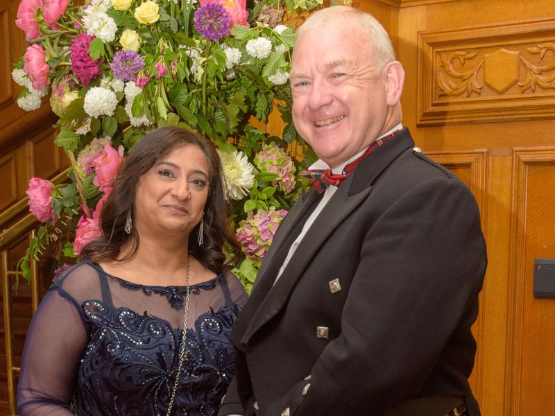 The Mayor Councillor Patricia Logue hosted the annual Mayor’s Ball in the Guildhall in aid of her crossed Charities the Foyle Hospice and Ryan McBride Foundation. Pictured at the event are guests, Jay and Colin Gracey.  Picture Martin McKeown. 24.05.24