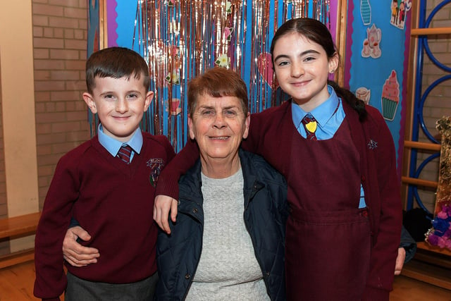 Jean Rodgers with Daithi and Aoibh at St John’s PS Grandparents Vintage Tea. Photo: George Sweeney