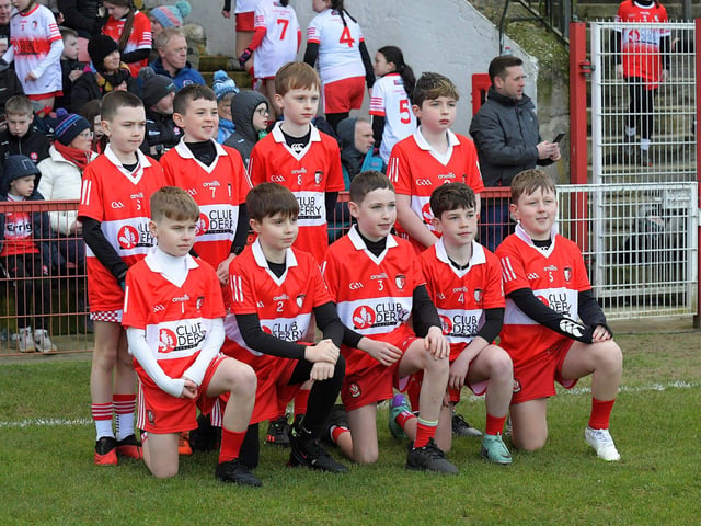 Young footballers from Club Derry played at half-time in Celtic Park on Saturday evening. Photo: George Sweeney