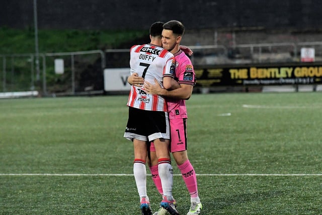 Michael Duffy and Brian Maher celebrate Derry City’s FAI Cup quarter-final win over Shelbourne. Photograph: George Sweeney