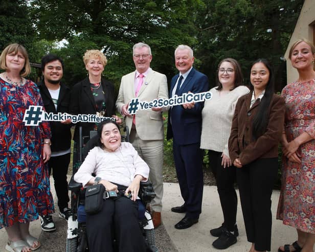 Caption - (L-R) Aine Morrison, Chief Social Worker, Mark Espina, Hutchinson Homes, Social Care Practitioner, Agnes Lunny, CEO Positive Futures, Mike Nesbitt, Health Minister, Declan McAllister, Interim CEO Northern Ireland Social Care Council, Louise Breen, Positive Futures Social Care Practitioner, Megha Acharya, Nazareth House Care Village Social Care Practitioner and Peggy Faulhaber, Manager of Camphill Clanabogan, Joanne Sansome, Disability Advocate.