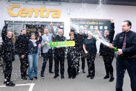 Staff at  Staff at Doherty’s Centre Moville celebrate selling a winning National Lottery €1,000,500 winning National Lottery ticket for the Easter Weekend draw from left are Caoimhe Farren, Teresa Doherty, Eileen Breslin, Fran Whearty, National Lottery. Gerry Doherty, Store Owner, Justine McLaughlin, Fergal McDermott, Tina Gill, Martina McLaughlin and Brendan Doherty, Store manager . Photo Clive Wasson / Mac Innes Photography