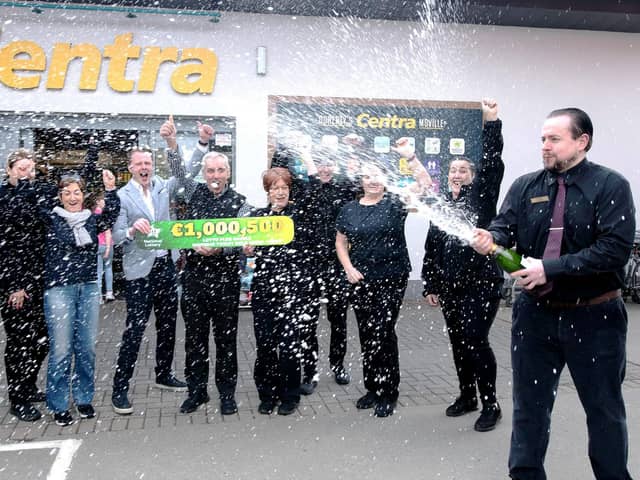 Staff at  Staff at Doherty’s Centre Moville celebrate selling a winning National Lottery €1,000,500 winning National Lottery ticket for the Easter Weekend draw from left are Caoimhe Farren, Teresa Doherty, Eileen Breslin, Fran Whearty, National Lottery. Gerry Doherty, Store Owner, Justine McLaughlin, Fergal McDermott, Tina Gill, Martina McLaughlin and Brendan Doherty, Store manager . Photo Clive Wasson / Mac Innes Photography