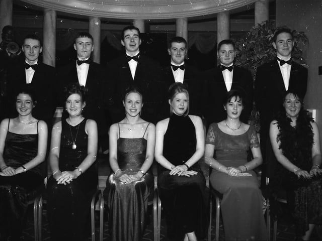 Seated, from left, Aisling Walls, Julie Doherty, Emmy Lou Large, Cheryl Parkhouse, Deirdre Bradley and Debbie McGee. Standing, from left, Ruairi McCallion, Stephen McFadden, Gavin Breslin, Gary Curran, John McGeady and James Page. Pictured at the Thornhill College Formal.