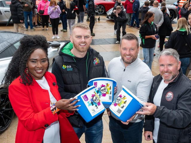 Organisers Gary McCaul and Stephen McCaul with Derry City and Strabane District Council Mayor, Councillor Lilian Seenoi-Barr and Gavin Melly from BUD Club as she hosted Supercar Saturday in Guildhall Square to raise money for the Mayoral Charity Bud Club. The event attracted car enthusiasts and owners from across the region to support aid the local charity. Picture Martin McKeown. 24.05.25
