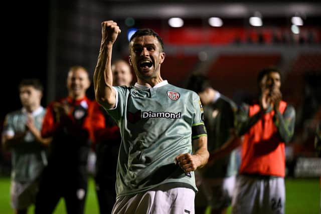 Michael Duffy celebrates after winning the SSE Airtricity Men’s Premier Division match between Shelbourne and Derry City at Tolka Park in Dublin. Photo by Paul Phelan/Sportsfile