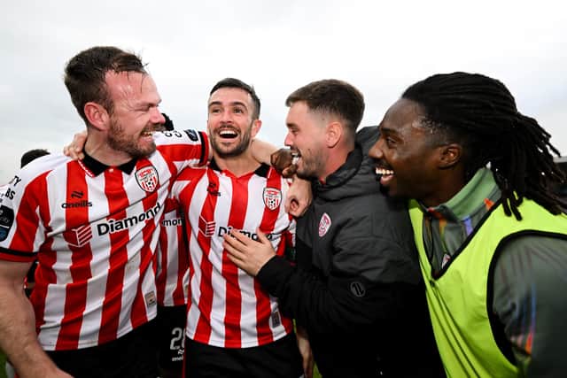 EXPRESS YOURSELF . . . Derry City players, from left, Cameron Dummigan, Michael Duffy, Brian Maher and Kevin dos Santos celebrate in Galway. Photo by Stephen McCarthy/Sportsfile