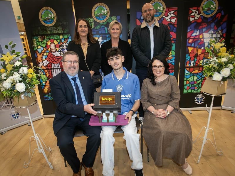 Mr John Johnston, Vice Principal presenting the Design and Technology Prize to, Caiden McMonagle on Thursday evening at St. Columb's College. On right is Mrs Caroline McLaughlin, Principal. Back from left are Ms. Yvonne Connolly, Caiden's mum, Ms. Karen Simpson, Parent/Governor and Mr. Brian McMonagle. : .