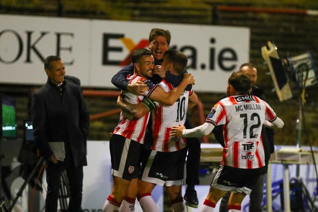 Michael Duffy celebrates his second goal against Bohemians in the FAI Cup semi-final at Dalymount Park.