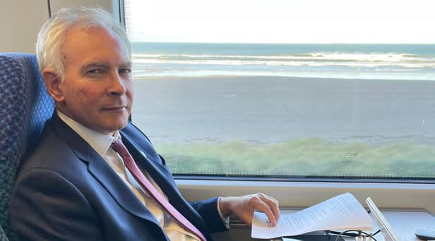 The Lord Mayor of the City of London passing Benone as he takes the train from Belfast to the home town of his late father Dr. FSL Lyons.