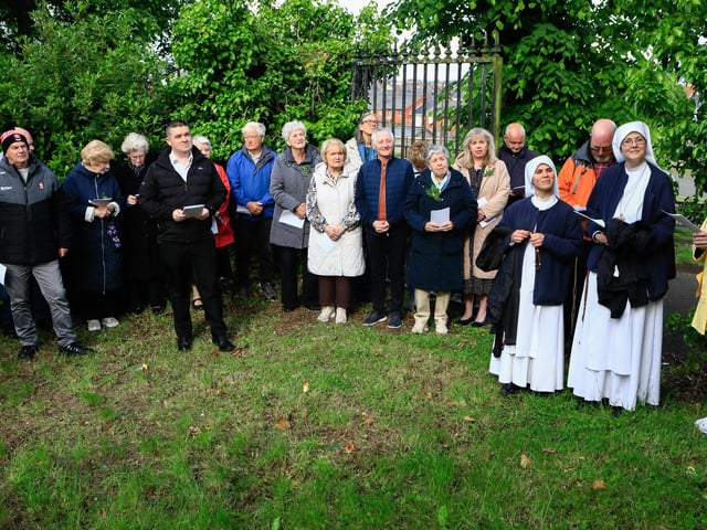 Group taking part in the Vespers (Evening Prayer) at Lumen Christi bell-tower as part of St Columba’s Day celebrations. (Photo - Tom Heaney, nwpresspics)