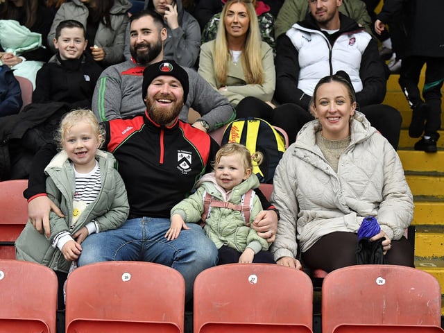Fans in Celtic Park, on Sunday afternoon, for the Derry Junior Football Championship Final between Doire Trasna and Slaughtmanus. Photo: George Sweeney