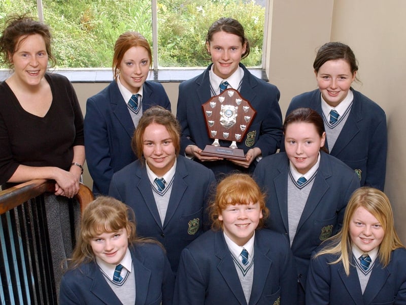 Thornhill College, winners of the Derry Schools and Colleges Poetry Award. Front, from left are Megan Leitch, Aylee McCann and Nicola Barr. Centre from left, are Joanne Doran and Nikki Dunne. Back, from left, are Mrs. Mary Auld, teacher, Alicia Devine, Amanda Doherty and Megan Chambers. (1305C03)