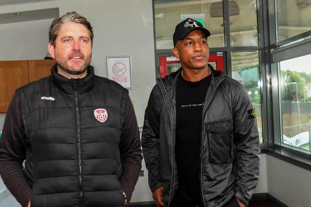 Derry City’s new signing Andre Wisdom arriving at the Brandywell with Ruaidhri Higgins. Photo: George Sweeney