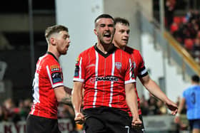 Derry City's Michael Duffy celebrates scoring against UCD at the Brandywell on Friday evening last. Photo: George Sweeney