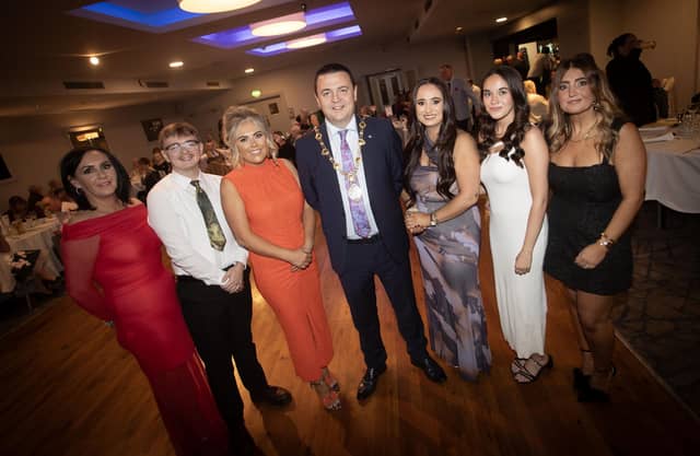 CNP CELEBRATE 30TH BIRTHDAY!. . . . .The Mayor of Derry City and Strabane District Council, Ruairi McHugh pictured with staff from the Creggan Neighbourhood Partnership at their 30th Anniversary Celebrations in the Maldron Hotel on Saturday night. From left are Kellie McBrearty, Che McMonagle, Danielle Devine, manager, CNP, Megan Hegarty and Hayley Burke. (Photos: Jim McCafferty Photography) : .