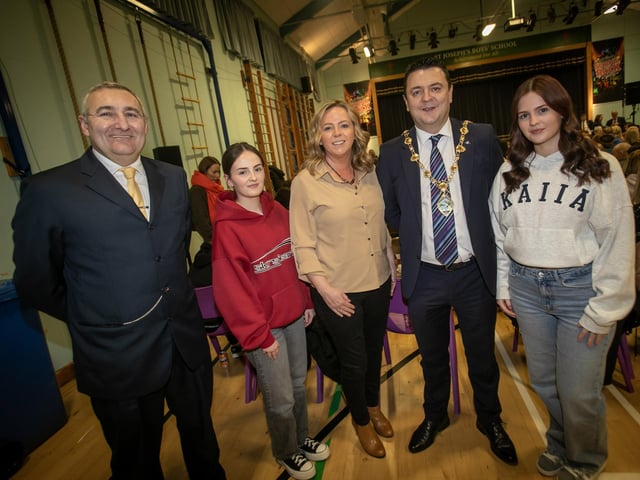 Sharon Doherty, Derry Credit Union, one of the sponsors, pictured at the St. Joseph's Boys School Show  on Thursday night. The DCU were one of the main sponsors. Included from left are Gerry Beattie, Senior Teacher, Rianne Doherty,, DCU, the Mayor of Derry City and Strabane District Council, Ruairi McHugh and Sarah Doherty, DCU.. (Photo: Jim McCafferty Photography)