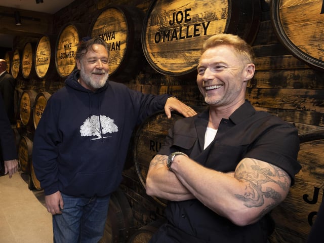 Ronan Keating, and Russell Crowe amongst the celebrity investors attending the opening of new €1 million Brand Home for The Muff Liquor Company in the village of Muff in Co. Donegal. Company confirms first order of 30,000 bottles for the US market. Photo by Joe Dunne