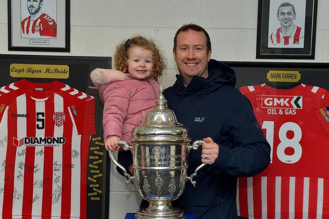 Derry City fans Clodagh Friel and her dad Daniel pictured with the FAI Cup at the Ryan McBride Brandywell Stadium on Thursday evening last.
