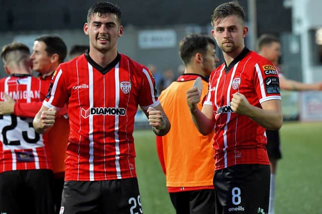 Derry City goal scorers Cian Kavanagh and Will Patching pictured at the end of the game against KuPs FC. Photo: George Sweeney. DER2330GS -