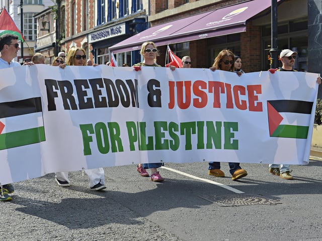 Supporters take part in a Freedom for Palestine march and rally on Saturday afternoon. Photo: George Sweeney
