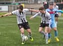 Dergview pair Jamie Browne (left) and Aidan McCauley shield the ball from Institute striker Calvin McCallion, during Saturday's encounter at the Brandywell.