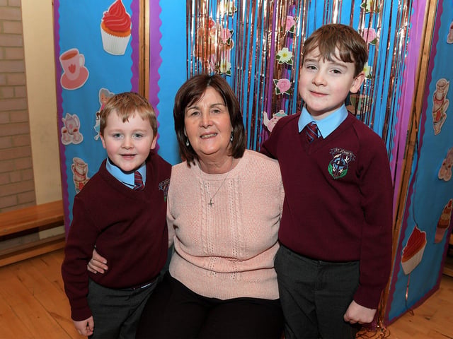 Granny Anne with Davitt and Evan Gibbons at St John’s PS Grandparents Vintage Tea. Photo: George Sweeney