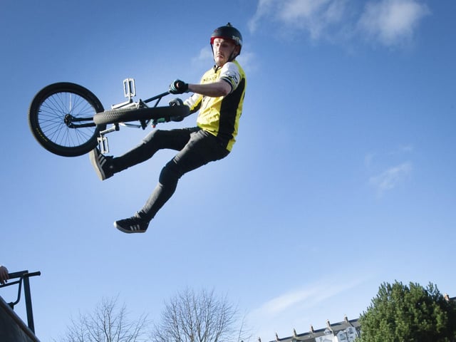 The Thunder Action Sports BMX team showing off some daredevil stunts during Saturday’s Fun Day at Bull Park.