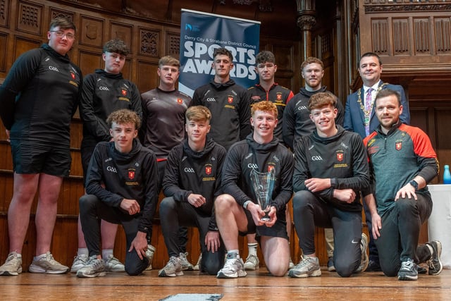 The Mayor, Councillor Ruairí McHugh, presents St. Eugene's GAA Minor Team, Castlederg,  with the 'Youth Team of the Year' award as he hosted the annual Derry City and Strabane District Council Sports Awards in the Guildhall. Picture Martin McKeown. 05.06.25