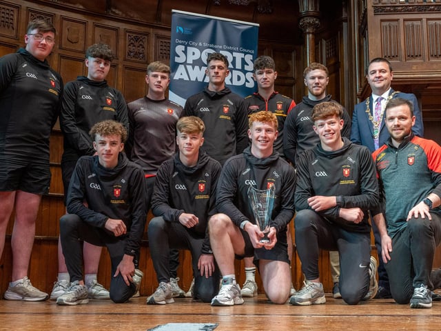 The Mayor, Councillor Ruairí McHugh, presents St. Eugene's GAA Minor Team, Castlederg, with the 'Youth Team of the Year' award as he hosted the annual Derry City and Strabane District Council Sports Awards in the Guildhall. Picture Martin McKeown. 05.06.25