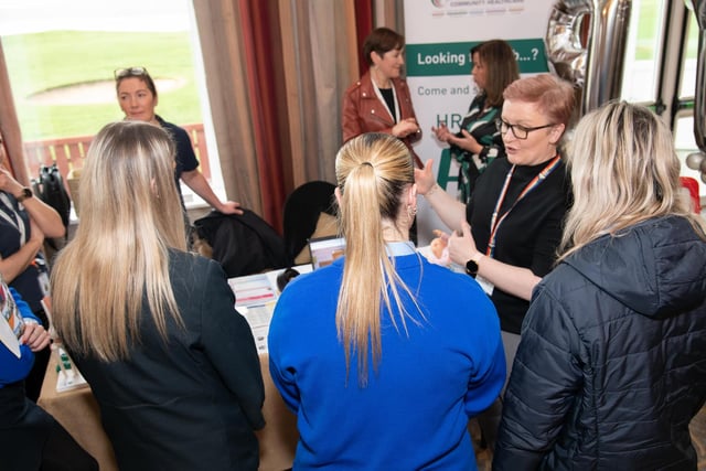 Carol Murphy with students at the HSE & IDP Health, Social Care Recruitment  &  Education Fair in Inishowen Gateway Hotel on Tuesday last. Photo Clive Wasso