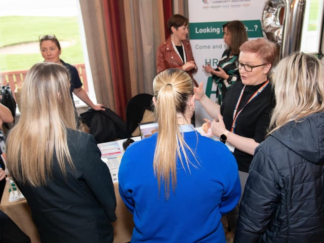 Carol Murphy with students at the HSE & IDP Health, Social Care Recruitment & Education Fair in Inishowen Gateway Hotel on Tuesday last. Photo Clive Wasso