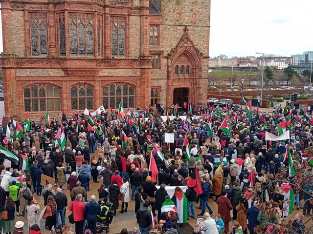 Thousands participate in Derry rally for Palestine calling for a ceasefire in Gaza on January 13, 2024
