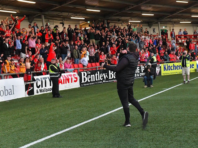 Derry City manager Ruaidhri Higgins salutes fans after their 2-1 win against Sligo Rovers. Photo: George Sweeney. DER2327GS - 086