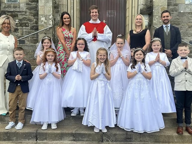 Primary 4 Class of St Patrick’s School, Gortin, Co. Tyrone, with Co-Principal Mary Grugan, Assistant Teacher Janna Marlow, Chaplain Fr Roland Colhoun, Co-Principal Caoimhe Cunningham and teacher Conor O’Hara on Saturday 25th May 2024 at St Patrick’s Church, Gortin.