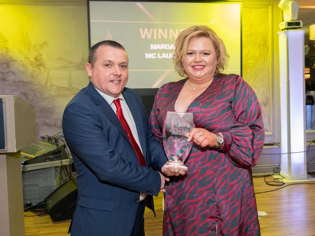 Cllr. Martin McDermott, presenting the Volunteeer of the Year Award to Deobhra Shields who received it for Margaret McLoughlin SVP Carndonagh at the Carndonagh Traders Association Business and Community Awards in Ballyliffen Lodge Hotel on Saturday night last. Photo Clive Wasson