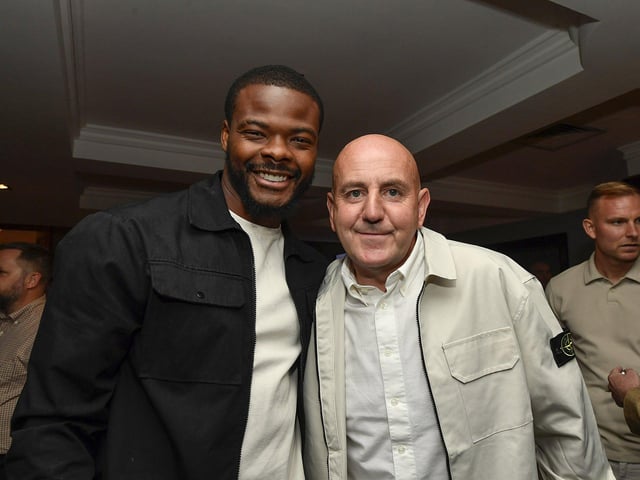 Dipo Akinyemi and Gerry Shepard at the Derry City FC celebration of 40 years in the League of Ireland held in the Everglades on Saturday evening. Photo: George Sweeney