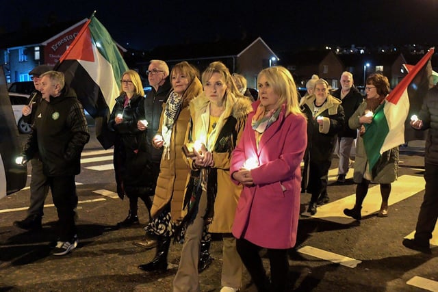 Martina Anderson and Ciara Ferguson MLA attend Thursday evening’s procession and vigil for the children of Palestine at the Bloody Sunday Monument on Rossville Street. Photo: George Sweeney