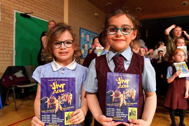 Pupils at St John’s Primary School loved the performance from the Jive Aces on Thursday afternoon. Photo: George Sweeney.  DER2317GS – 36