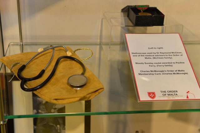 A stethoscope used by Dr Raymond McClean, one of the medical advisors to the Order of Malta on display at the Order of Malta Exhibition launch in the Museum of Free Derry on Monday evening last. Photo: George Sweeney. DER2305GS – 50